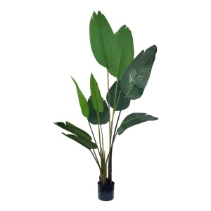 Plantă artificială Strelitzia 160 cm - Pasărea Paradisului - cu 10 frunze verzi cu detalii realiste, pentru interior, în ghiveci negru