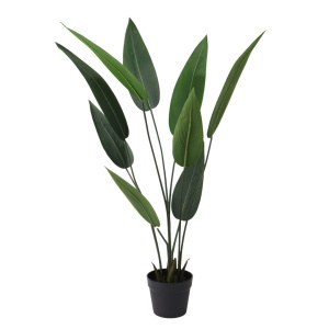 Plantă artificială Strelizia 110 cm, cu frunze verzi, lungi și ascuțite, cu detalii realiste, pentru interior, ghiveci negru inclus