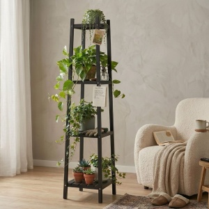 Raft din lemn pentru flori cu 4 polițe, culoare negru, 30x30x150 cm