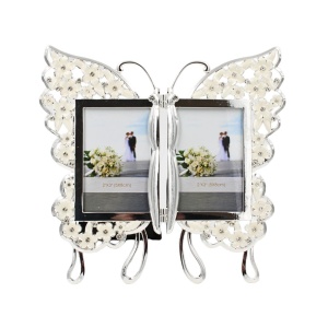 Ramă Foto Dublă AZAY Tip Fluture cu Flori și Cristale, 2 Poze 5x8 cm, 16x15 cm, Cutie Cadou Premium Inclusă