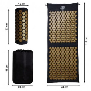 Saltea acupresură cu pernă, pentru masaj și relaxare, Ecarla, 116x43 cm, negru-auriu, cu husă transport