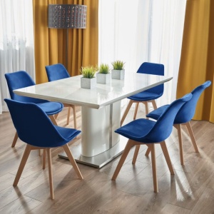 Scaun dining tapițat, BARI, Jumi, din catifea bleumarin și picioare lemn de fag