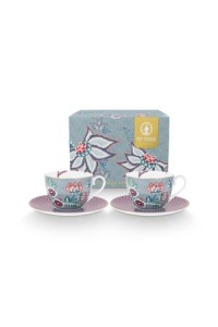 Set 2 căni cu farfurioare, din porțelan, Pip Studio, 280ml, colecția Flower Festival, Light Blue