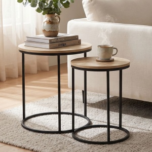 Set 2 măsuțe de cafea Trends4You, metal & MDF, design modern, negru cu crem