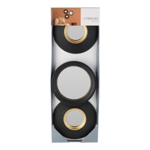 Set 3 oglinzi rotunde, decorative, cu rame negre și detalii aurii, 25.5 cm