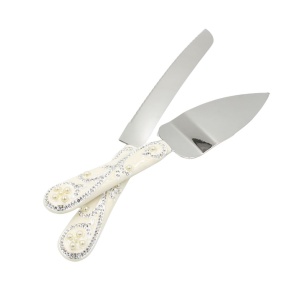 Set tăiere tort AZAY cuțit 32 cm și spatulă 26 cm, design elegant cu perle și strasuri, set servire tort premium, cadou nuntă/botez