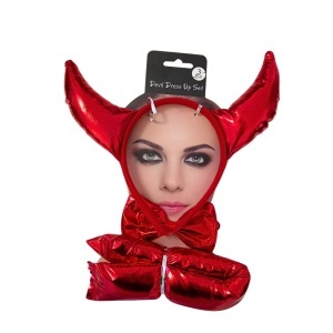Set diavoliță, 3 piese, cornițe pe bentiță, papion și codiță, roșu metalizat, devil dress up set
