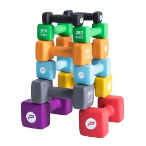 Set gantere neopren 2x3 kg Pure 2 Improve – capete pătrate, albastru și ambalaj premium