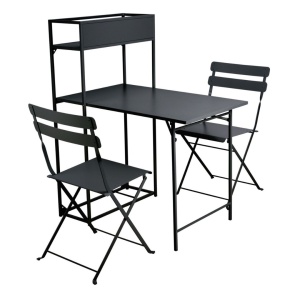 Set masă și 2 scaune pliabile cu etajeră metalică, design compact, 100×60×140 cm, ideal pentru balcon sau bucătărie