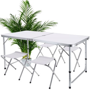 Set mobilier de camping pliabil, Jumi, alb, masă cu picioare reglabile și 4 tabureți