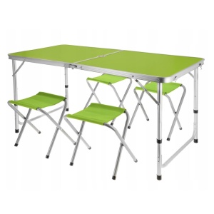 Set mobilier de camping pliabil, Jumi, verde, masă cu picioare reglabile și 4 tabureți