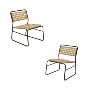 Set mobilier grădină 2 scaune și masă rotundă, structură metalică, împletitură ratan sintetic, culoare natur-negru