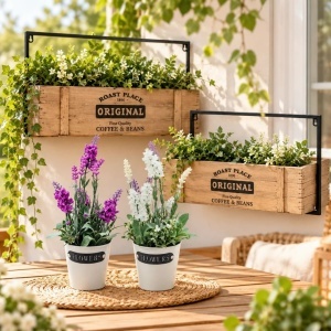 Set of 2 decorative wood and metal planters (40×13.5×28 cm) + 2 potted artificial lavender plants (28×9 cm), lilac and white.