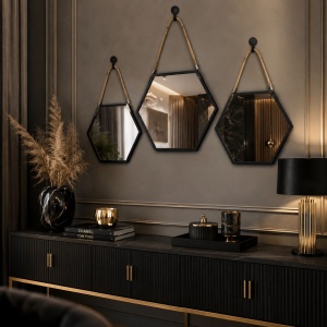 Set of 3 decorative hexagonal mirrors with black frames and hangers, 22x17x20 cm