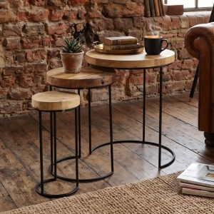Set of 3 round decorative side tables, Home & Styling Collection, teak wood and metal