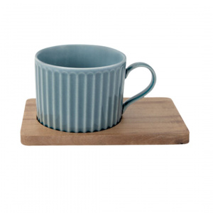 Set porțelan 2 căni 250ml și farfurii lemn acacia albastru/portocaliu - Img 3