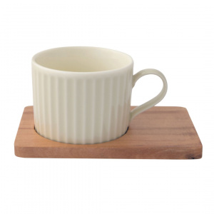 Set porțelan 2 căni 250ml și farfurii lemn acacia gri/verzuliu - Img 3