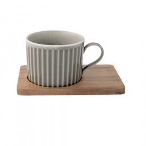 Set porțelan 2 căni 250ml și farfurii lemn acacia roșu/gri - Img 3