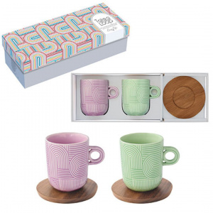 Set porțelan 2 căni 350ml și farfurii acacia roz/verzuliu - Img 3