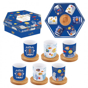 Set porțelan, 6 cești cu suporturi din bambus, 110 ml, Aquarium, Easy Life