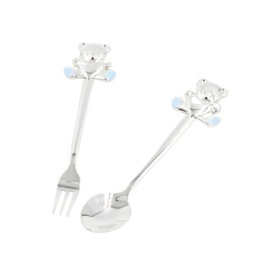 Set tacâmuri copii AZAY ursuleț albastru, linguriță și furculiță, cutie cadou elegantă cu tissue paper, 14.5 cm