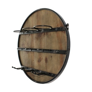 Suport de Perete pentru Sticle și Pahare – 3 Sticle & 3 Pahare | Lemn & Metal | Ø50 cm
