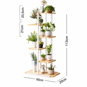 Suport pentru flori și plante, etajeră modernă cu 6 rafturi, 113x60x20 cm, suport ghivece din metal și lemn, alb-maro, pentru balcon, terasă, living sau grădină