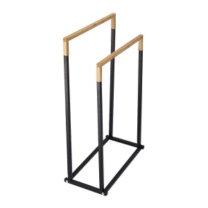 Suport prosoape Jumi, pe două rânduri, metal și bambus, negru și maro, 76x45x22 cm