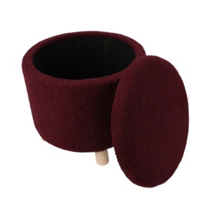 Taburet material grena Teddy, cu spatiu de depozitare și picioare de lemn, 40x37 cm