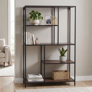 4-shelf shelving unit, metal and MDF structure, brown/black, 76 x 30 x 116 cm