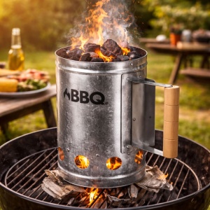 Aprinzător cărbuni BBQ tip horn, Ø16 cm, starter pentru grătar, din metal zincat, cu mâner lemn