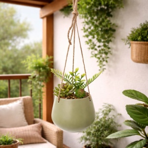 Artificial hanging plant with a mix of succulents, in a 16 cm green ceramic pot, with a twine hanger.