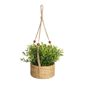 Plantă artificială Tarhon 11 cm în ghiveci suspendat tip coș împletit, cu agățătoare – decor rustic cu plante aromatice pentru interior