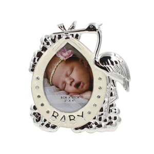 Ramă Foto BABY Barză Argintie AZAY cu Cristale, 8x10 cm, Ramă Foto Nou-Născut, Cadou Botez Băiat sau Fetiță, Cutie Cadou