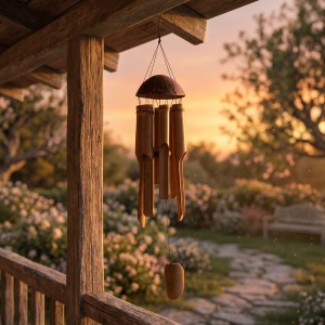 Bamboo wind chime with 6 tubes, 14 x 14 x 37 cm