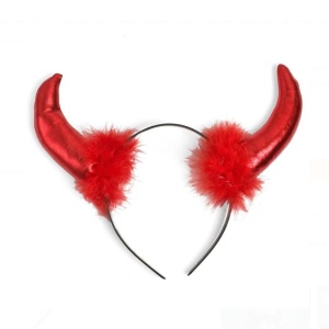 Bentiță de Halloween cu coarne roșii lucioase și blăniță, accesoriu pentru costum de diavol