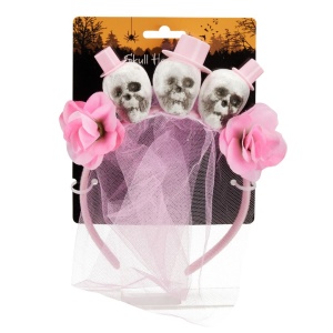 Bentiță Halloween, mireasă fantomă, cu 3 cranii decorative și pălării roz, trandafiri roz, voal lung din tul roz, accesoriu costum gothic horror