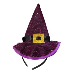 Bentiță Halloween, pălărie de vrăjitoare, cu vârf ascuțit, paiete roz, bandă neagră și cataramă aurie cu sclipici, boruri largi cu margine mov, accesoriu costum vrăjitoare