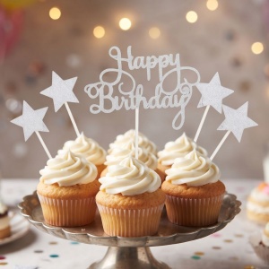 Cake Topper pentru tort cu mesaj Happy Birthday culoarea argintiu glitter