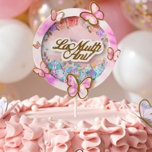 Cake Topper pentru tort cu mesaj La Mulți Ani cerc-fluturași mov