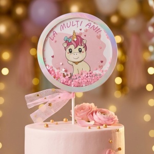 Cake Topper pentru tort cu mesaj La Mulți Ani și unicorn roz în cerc