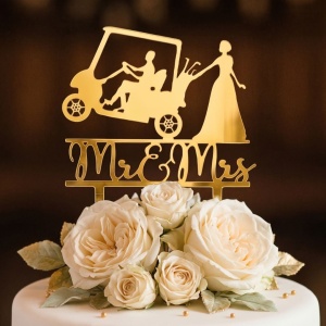 Cake Topper pentru tort model Mr&Mrs la golf, auriu
