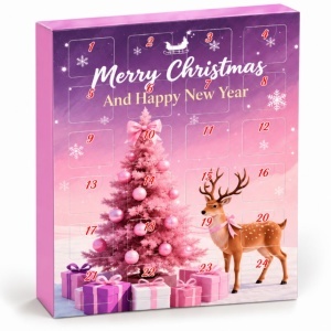Calendar advent de Crăciun, pentru fete, 24 surprize cu bijuterii, 2 brățări, 2 coliere și charm-uri decorative, roz-mov, KA02