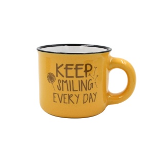 Cană cafea espresso Nekupto 80 ml, ceramică, galben, mesajul „KEEP SMILING EVERY DAY”