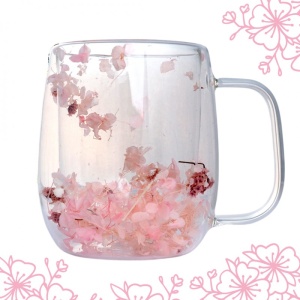 Cană cu flori uscate, pereți dubli, sticlă borosilicată, hortensie, 400 ml