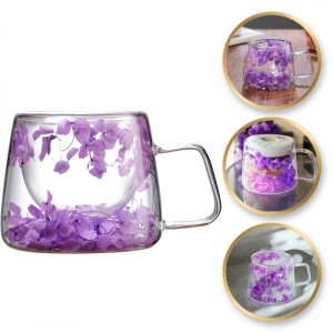 Cană cu flori uscate, pereți dubli, sticlă borosilicată, izolare termică, hortensie, 180 ml