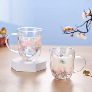 Cană cu flori uscate, pereți dubli, sticlă borosilicată, izolare termică, hortensie, 300 ml