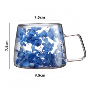 Cană cu hortensii albastre, pereți dubli, sticlă borosilicată, 180 ml, SZK154
