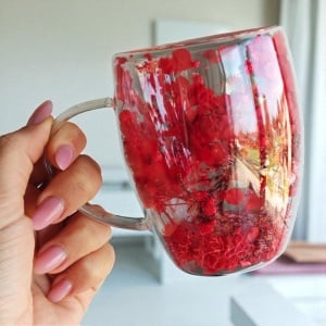 Cană cu hortensii și gypsophila roșii, pereți dubli, sticlă borosilicată, 300 ml, SZK193