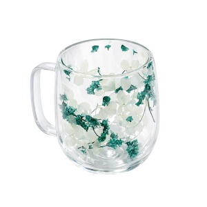 Cană cu inserție de flori uscate alb și turquoise, hortensie și limonium, pereți dubli, sticlă borosilicată, 250 ml, Aurora Bloom